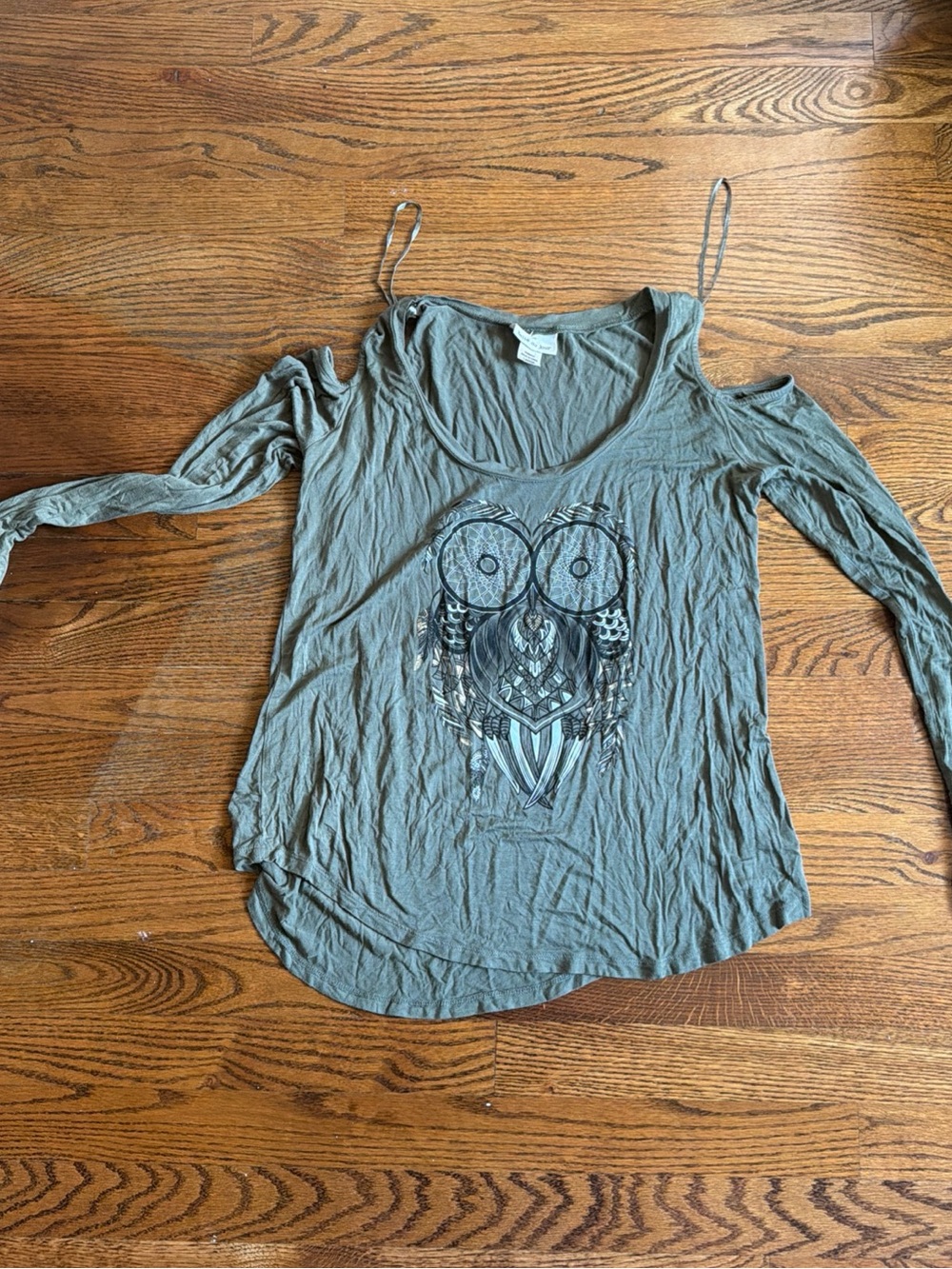 Belle Du Jour Sage Green Cold-Shoulder Tank with Owl Print